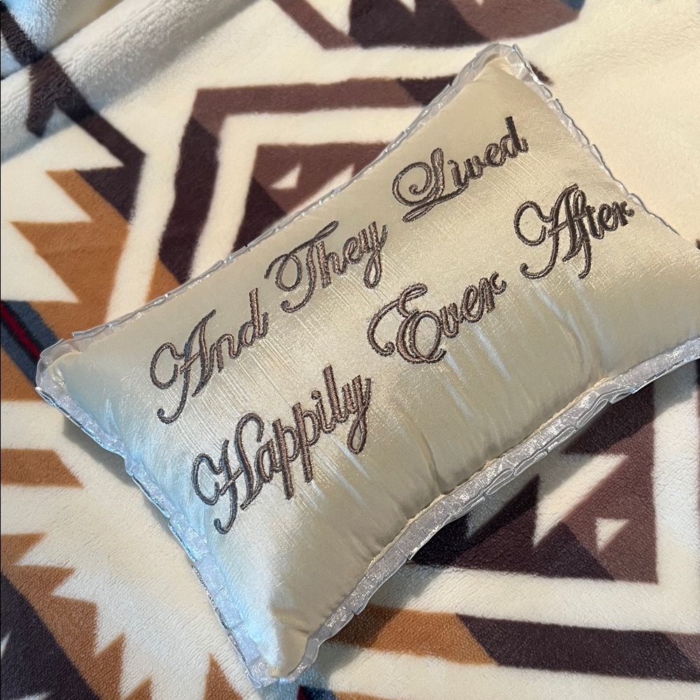 Decorative Embroidered Cream Pillow ~ and they lived happily ever after -